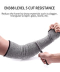 Heavy Duty Cut Resistant Arm Sleeves With Thumb Hole 18 Inch Anti Abrasion Safety Arm Guard For Garden And Kitchen Bite Proof Protection For Thin Skin EN388 Level 5 1 Pair being tested with knife for cut resistance