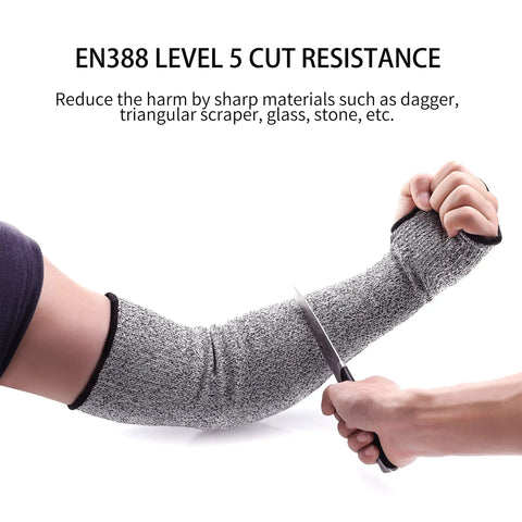 Heavy Duty Cut Resistant Arm Sleeves With Thumb Hole 18 Inch Anti Abrasion Safety Arm Guard For Garden And Kitchen Bite Proof Protection For Thin Skin EN388 Level 5 1 Pair being tested with knife for cut resistance