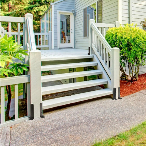 8Pcs Adjustable Post Anchor Brackets Kit Heavy Duty Wood Fence Base Brackets Fits 1.5x1.5 2x2 2x4 4x4 Posts Durable Anchor Base For Deck Porch Railings Mailbox installed on porch steps