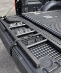 45 Inch Foldable Tailgate Ladder With Grab Handle For Pickup Trucks, Heavy Duty Step Up Access, Fits Ford F Series, Ram 2500, Silverado And More, 600 LB Capacity, Easy Install, folded in truck bed