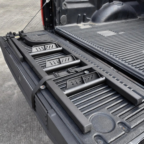 45 Inch Foldable Tailgate Ladder With Grab Handle For Pickup Trucks, Heavy Duty Step Up Access, Fits Ford F Series, Ram 2500, Silverado And More, 600 LB Capacity, Easy Install, folded in truck bed