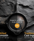 Comparison of milled smooth and traditional cast iron surfaces on 12 Inch Cast Iron Skillet Preseasoned PFAS Free Chef Pan For Stovetop Oven Campfire And Grill Even Heat Distribution Large Frying Pan For Searing Frying And Baking Black.