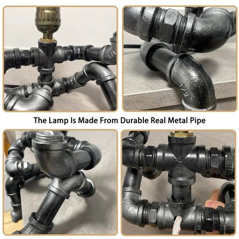 Close-up of industrial pipe detail highlighting the metal structure of Steampunk Guitar Table Lamp For Music Lovers, Industrial Pipe Edison Bulb Nightstand Light.