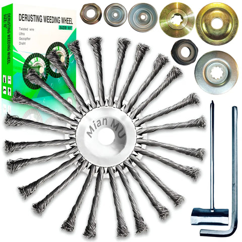 10 Inch Steel Wire Trimmer Head With Universal Fit For Popular String Trimmers Tough As Nails Wire Brush Cutter Head For Lawn And Garden Heavy Duty Wacker Attachment displayed with accessories and packaging
