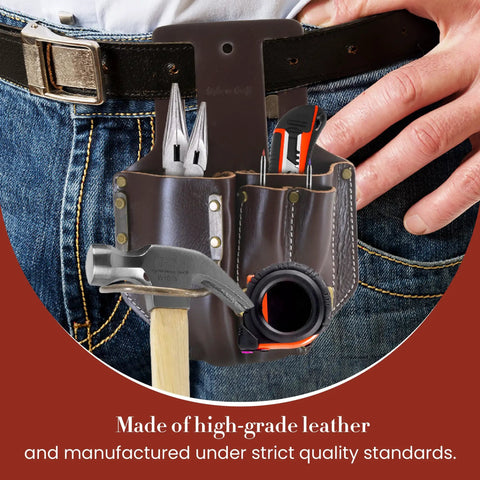 4 Pocket Pliers Hammer Holder Pencils And Tape Holder Leather Tool Pouch on belt, full grain dark tan for worksite use