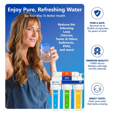 Woman sipping water beside Five Stage Under Sink Reverse Osmosis System With Deluxe Chrome Faucet 50 GPD NSF Certified.