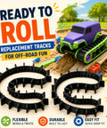 Replacement RC Track Set For Off-Road Vehicles With Flexible Drive Belt Style Wheel Tracks, smooth black tracks shown with toy vehicle
