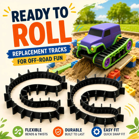 Replacement RC Track Set For Off-Road Vehicles With Flexible Drive Belt Style Wheel Tracks, smooth black tracks shown with toy vehicle