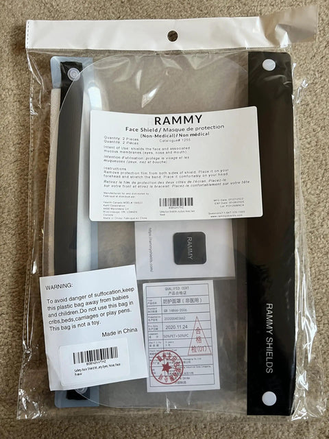 Packaged clear full face shield mask pack of 2 with anti-fog protective shield for eyes, nose, face with visor labeled 'RAMMY SHIELDS'.