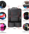 Backseat Car Organizer With Kick Mats And Tablet Holder, 9 Pocket Back Seat Protector For Kids, 2 Pack Travel Accessories with dimensions and features labeled