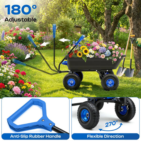 900 Pound Capacity Garden Dump Cart With 10 Inch Non Slip Pneumatic Tires Built Tough Heavy Duty 4 Wheel Wheelbarrow Cart Quick Release System Steel Frame Wagon For Yard Farm Garden Hauling loaded with flowers