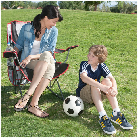 Woman sitting on Foldable Canopy Chair With Retractable Sun Shade For Camping, Tailgating, And Outdoor Events, Portable Quad Seat