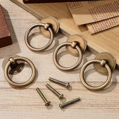 Vintage Brass Drawer Pulls 4 Pack Ring Handles With Screws For Dresser Cabinets And Furniture Hardware Retro Bronze Finish