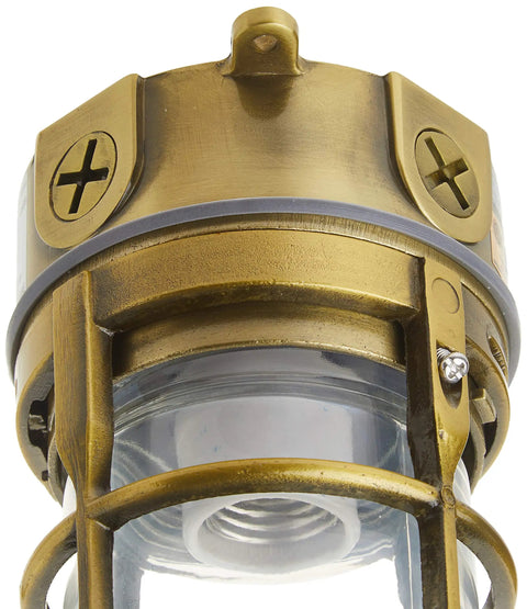Close-up of Vandal Resistant 150W Incandescent Security Light With Ceiling Mount, Antique Brass Finish, Tempered Vapor Tight Glass