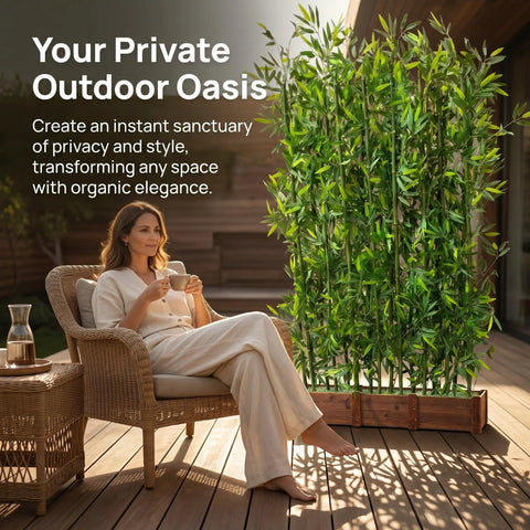 Ultra Private Bamboo Privacy Screen With Solid Wood Base Thick Faux Stalks And Panda Decor UV Resistant Tall Fake Plant Indoors