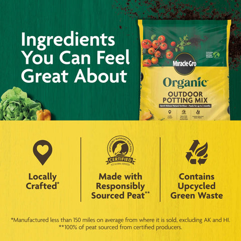 Image of Organic Outdoor Potting Mix for Container Plants with Quick Release Natural Fertilizer, OMRI Listed, 16 qt packaging with benefits shown.