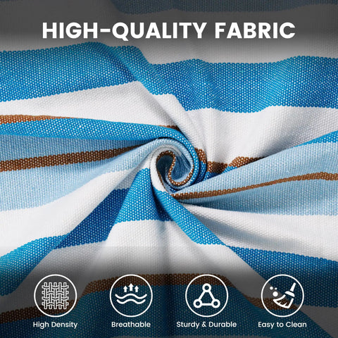 Close-up of blue, white, and brown fabric of Double Brazilian Cotton Hammock Portable Outdoor Camping Hammock With Tree Straps Travel Bag