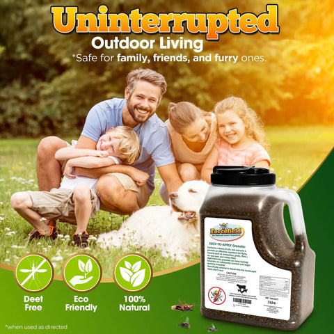 Natural Mosquito Yard Treatment Granules For Backyard Control Pet Safe And DEET Free Outdoor Repellent container on grass