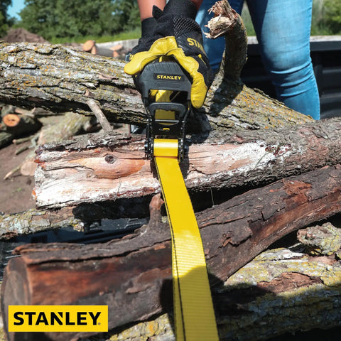 Heavy Duty Beefy Ratchet Tie Down Straps 1.5 Inch Wide 16 Foot Long Black And Yellow 3300 Lb Break Strength Four Pack For Truck Bed Hauling Cargo Securement On Any Jobsite secure logs on a truck bed