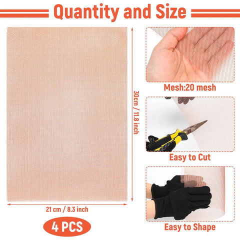 Four Pack Copper Woven Mesh Screens Set 11.81 By 8.27 Inches Each Nearly 100 Percent Pure Copper for air vents and filtration