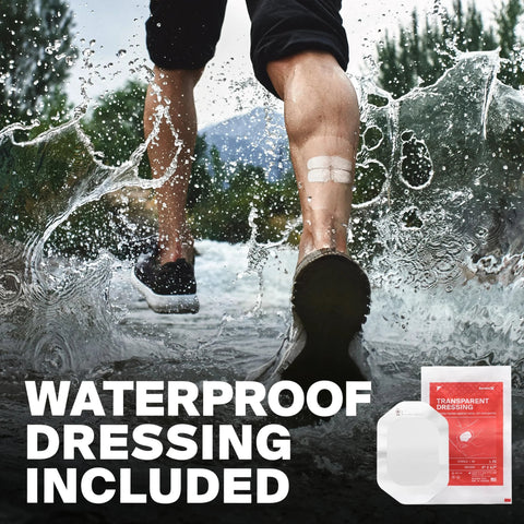 SurviveX Zip Stitch wound closure strips; two white adhesive bands on leg, waterproof dressing included in the kit.