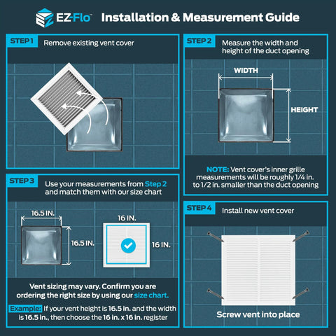 Installation guide for 16 By 16 Inch Return Air Vent Cover For Wall Or Ceiling, Solid Steel Grille With Fixed Vanes, HVAC Vent Cover