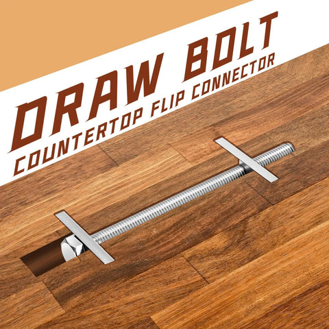 12 Pieces 1/4 X 3 1/2 Inch Countertop Miter Connector Bolts With Square Nuts For No Sweat Cabinet Installations And Rock Solid Wood Joint Fastenings That Deliver Serious Shop Grade Reliability, showing a draw bolt in a countertop.