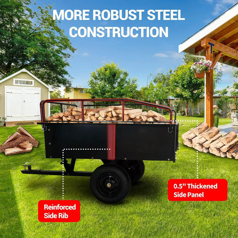 Heavy Duty Utility Trailer With 750 Lbs Capacity And 15 Cu Ft Dump Cart showcasing reinforced steel construction