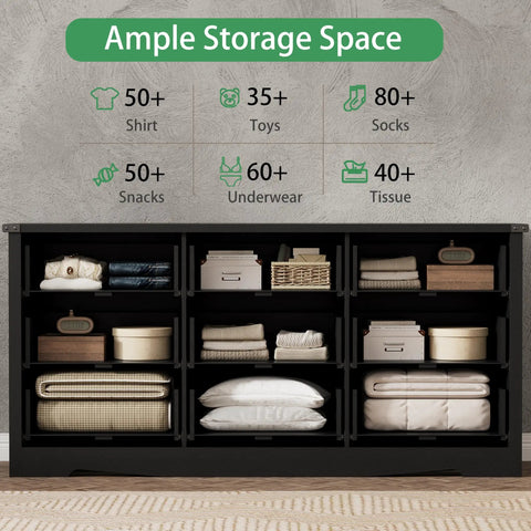 Slap Some Order On Your Room With This 63 Inch Wide Nine Drawer Bedroom Dresser Boasting Deep Storage Heavy Duty Handles Sleek Black Finish Modern TV Stand For Killer Organization with ample storage space.