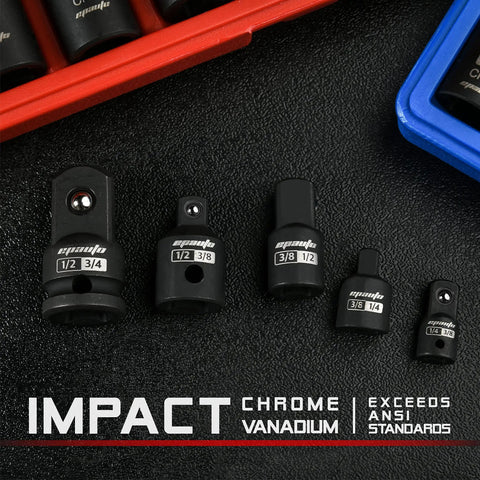 Five Piece Impact Socket Adapter And Reducer Set Cr-V Hardened Chrome Vanadium With Black Phosphate Finish