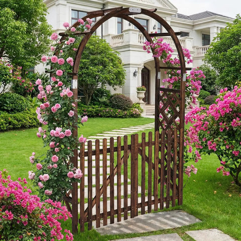 Heavy Duty Wooden Garden Arbor With Gate Trellis For Ceremony And Wedding Decor Garden Arch Pergola with roses on a green lawn
