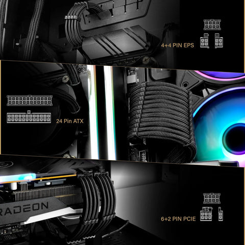 Close-up of installed Sleeved PSU Cable Extension Kit for PC builds with nylon braided wires, 24 pin to 6 plus 2 pin and 8 pin to 4 plus 4 pin, black ATX 3.0 compatible, 30 cm long