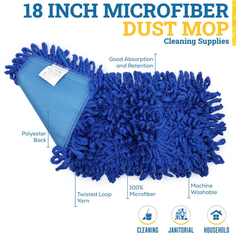 18 Inch Microfiber Dust Mop Head Replacement, Large Washable Commercial Mop Head, Heavy Duty Looped End For Low Lint Cleaning