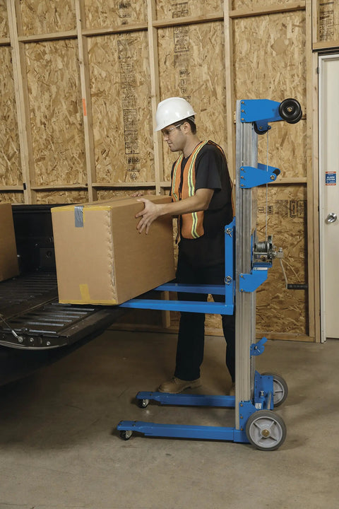 Worker using Beefy Aluminum Manual Lift With Telescoping Frame 400 Lb Capacity 10 Ft Lift Height Multi Use Hand Truck Forklift Dolly