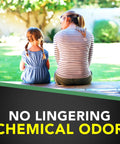 Back view of woman and child sitting on porch with text 'No Lingering Chemical Odor'. House And Garden Insect Killer Spray That Kills Ants Roaches And Spiders Indoor And Outdoor Use Won't Harm Plants 11 Ounce Bottle For Quick Bug Busting At Home And In The Garden.