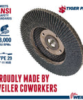 Tiger Paw Flap Disc Four And One Half Inch Conical Ty29 Zirconium Grain 60Z Phenolic Backing Five Eighths Inch Eleven UNC Mount Pack Of Ten For Fast Cuts And Beast Mode Longevity displayed with ANSI safety info