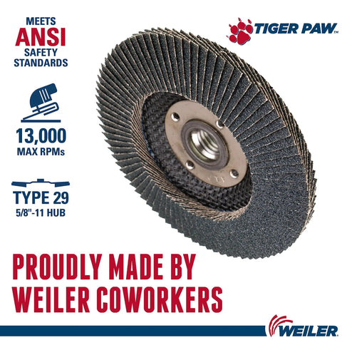 Tiger Paw Flap Disc Four And One Half Inch Conical Ty29 Zirconium Grain 60Z Phenolic Backing Five Eighths Inch Eleven UNC Mount Pack Of Ten For Fast Cuts And Beast Mode Longevity displayed with ANSI safety info