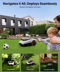 Navimow I215 LiDAR Robot Lawn Mower with auto mapping and off road wheels mowing a garden, family watching nearby.