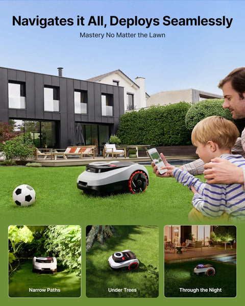 Navimow I215 LiDAR Robot Lawn Mower with auto mapping and off road wheels mowing a garden, family watching nearby.