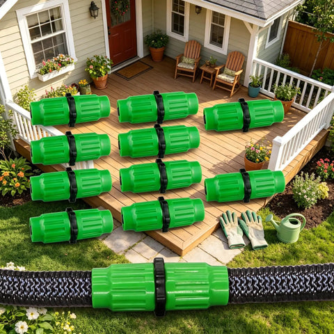 Top Tier Expandable Garden Hose Repair Kit With Leak-Free Female Male Plastic Connectors For Quick Flexible Tube Fixes On Pocket Flexi And Retractable Hoses Up To 1/2 Inch For Super Easy Yard Maintenance And Zero Drip Hassle green hose repair connectors on a garden deck