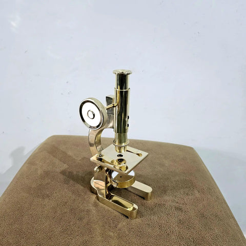 Top Shelf Handmade Solid Brass Microscope With Adjustable Focus Knob, 8-inch tall decorative and functional science tool.