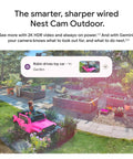 View from Nest Outdoor Security Camera Wired 2nd Gen With 2K HDR Video And Gemini AI Night Vision Two-Way Audio Weatherproof Smart Home Compatible Works With Google Home 2025 Model Snow, showing a garden with a child in a pink toy car.