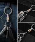 Quick Release Titanium Keychain With 2 To 28mm Rings on jeans and bag, showcasing 360° swivel and pull-apart feature for car keys