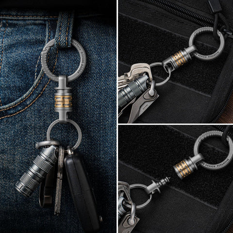 Quick Release Titanium Keychain With 2 To 28mm Rings on jeans and bag, showcasing 360° swivel and pull-apart feature for car keys