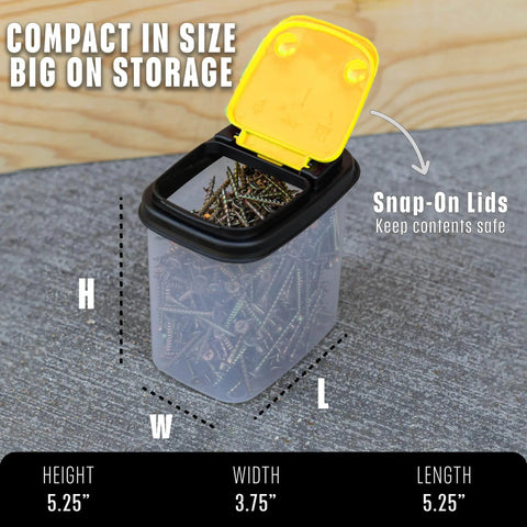 Clear storage bin with yellow lid filled with screws, labeled dimensions, part of 12 Pack Clear Storage Bins With Lids For Workshop Pantry And Garage Bulk Organizer See Through 1 Quart Containers For Bits And Bolts Nuts Hardware Tools And Small Parts
