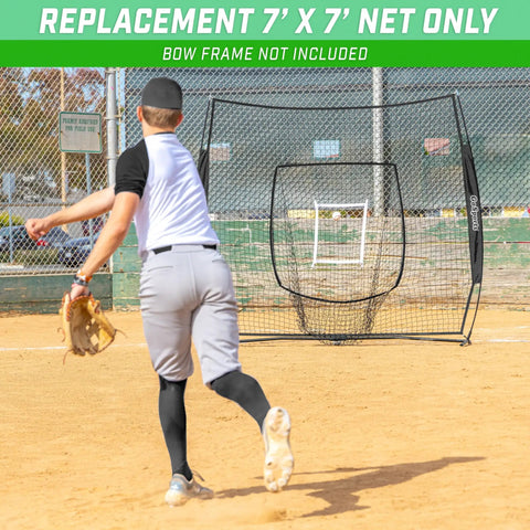 Replacement 7 Ft By 7 Ft Baseball Softball Net For Batting Practice And Pitching, frame not included, shown on field.