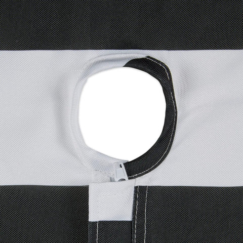 Close-up of hole and zipper on Cabana Stripe Outdoor Zippered Tabletop Cover 60 by 84 Inches Stain Resistant and Waterproof Machine Washable Easy Care