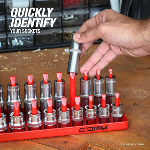 Hand placing socket on Six Piece Socket Organizer Set For SAE And Metric Sockets, Fits Quarter Inch, Three Eighths Inch, And Half Inch Drive Sockets, Red And Black Toolbox Holder For Fast Easy Access.