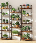 Big Ol Industrial Triple Column 5 Tier Bookshelf With Open Display Shelves For Home Office Rustic Brown Large Etagere Bookcase with plants