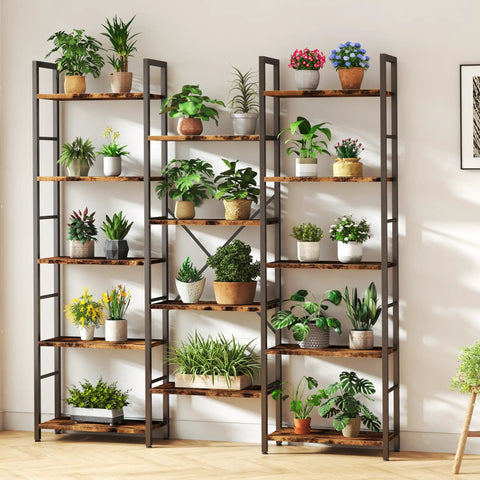 Big Ol Industrial Triple Column 5 Tier Bookshelf With Open Display Shelves For Home Office Rustic Brown Large Etagere Bookcase with plants